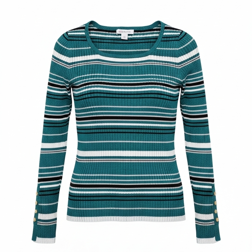 Liz Claiborne Green Striped Rib Knit Sweater Gold Button Sleeve Size M